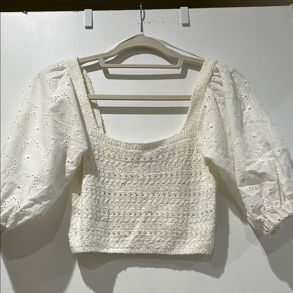 Zara Light Cream Textured Top with Eyelet Puff Sleeves